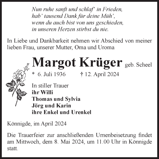 Traueranzeige von Margot Krüger von Volksstimme Altmark Ost