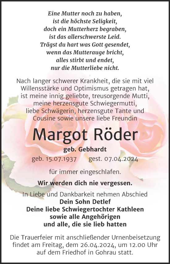 Traueranzeige von Margot Röder von Trauerkombi Wittenberg