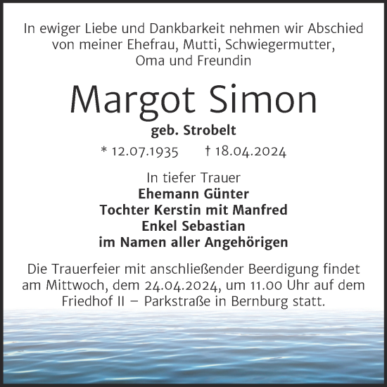 Traueranzeige von Margot Simon von Mitteldeutsche Zeitung Bernburg