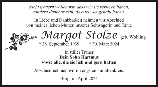 Traueranzeige von Margot Stolze von Volksstimme Burg/Genthin