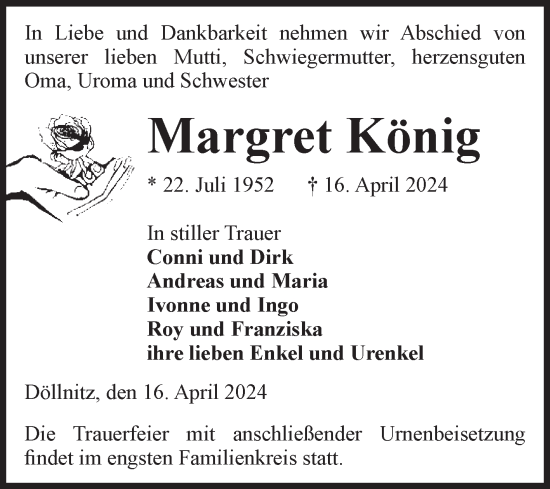 Traueranzeige von Margret König von Volksstimme Altmark Ost