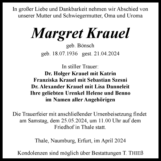 Traueranzeige von Margret Krauel von Trauerkombi Quedlinburg