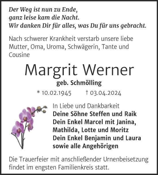 Traueranzeige von Margrit Werner von Trauerkombi Sangerhausen