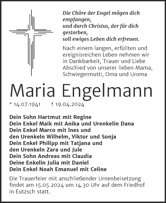 Traueranzeige von Maria Engelmann von Trauerkombi Wittenberg