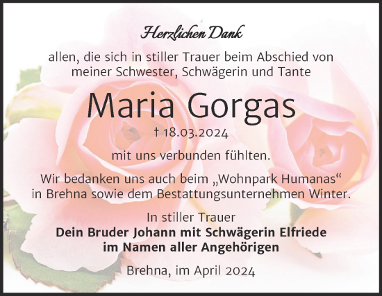 Traueranzeige von Maria Gorgas von Trauerkombi Bitterfeld