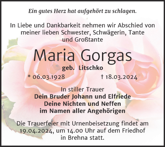 Traueranzeige von Maria Gorgas von Trauerkombi Bitterfeld