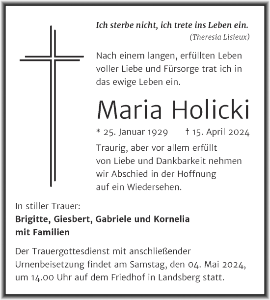 Traueranzeige von Maria Holicki von Mitteldeutsche Zeitung Halle/Saalkreis