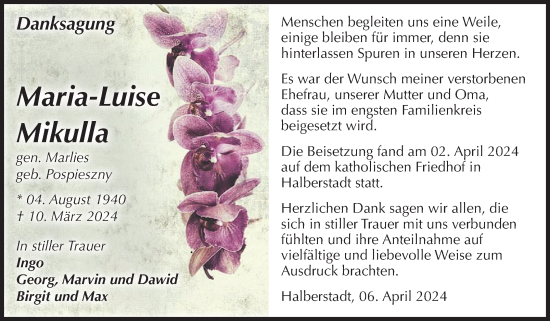 Traueranzeige von Maria-Luise Mikulla von Volksstimme Halberstadt