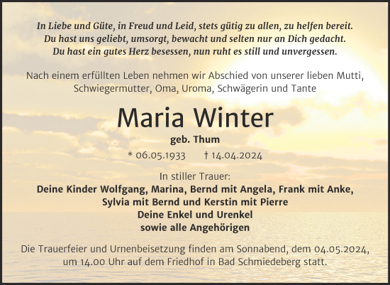 Traueranzeige von Maria Winter von Trauerkombi Wittenberg