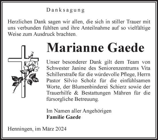 Traueranzeige von Marianne Gaede von Volksstimme Altmark West