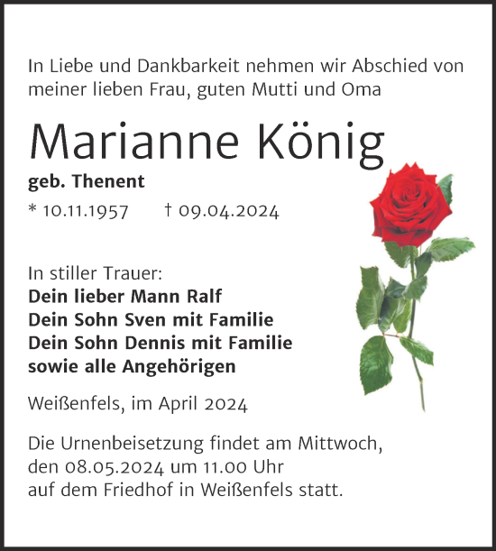 Traueranzeige von Marianne König von Trauerkombi Weißenfels