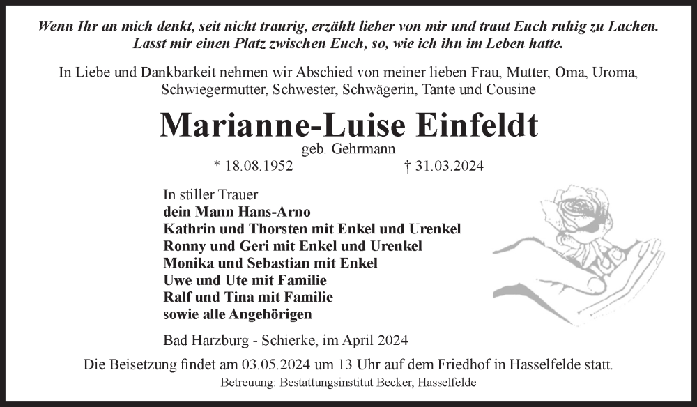  Traueranzeige für Marianne-Luise Einfeldt vom 20.04.2024 aus Volksstimme Wernigerode