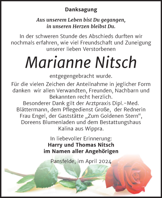 Traueranzeige von Marianne Nitsch von Trauerkombi Quedlinburg