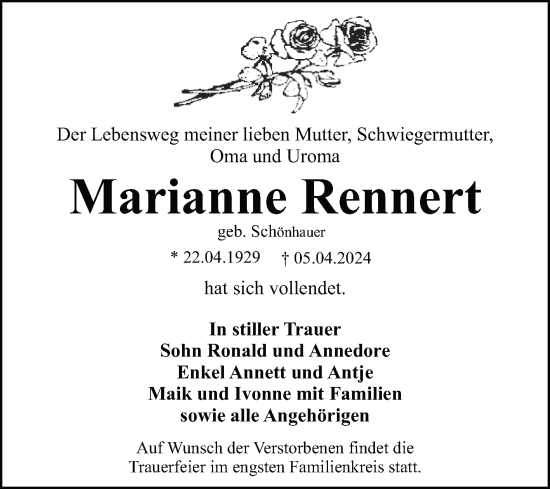 Traueranzeige von Marianne Rennert von Mitteldeutsche Zeitung Dessau-Roßlau