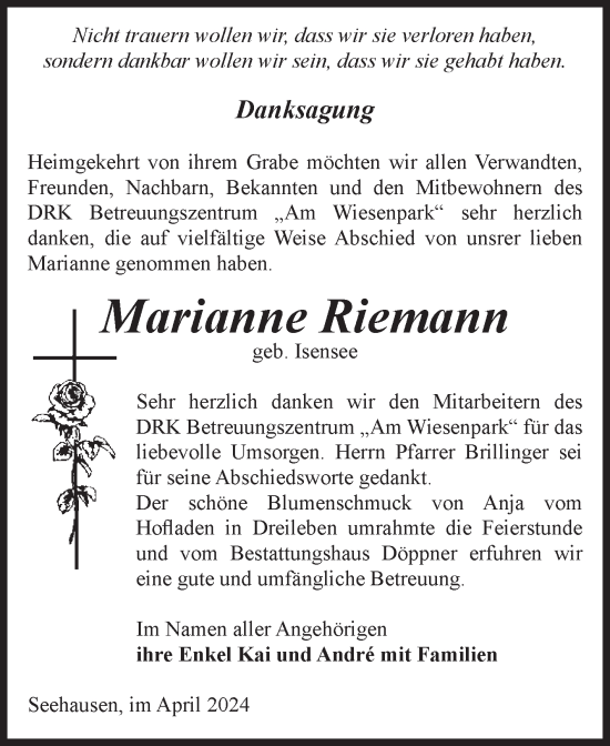 Traueranzeige von Marianne Riemann von Volksstimme Oschersleben/Wanzleben
