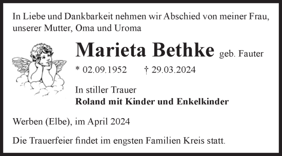 Traueranzeige von Marieta Bethke von Volksstimme Altmark Ost