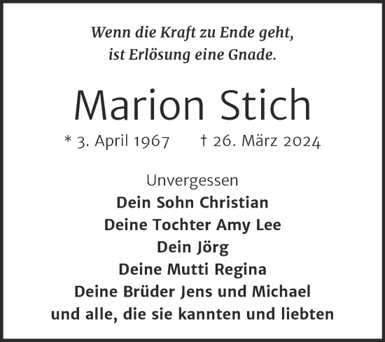 Traueranzeige von Marion Stich von Trauerkombi Weißenfels