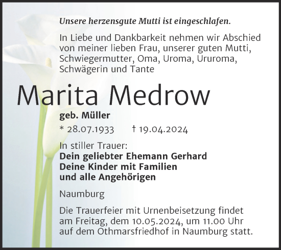 Traueranzeige von Marita Medrow von Super Sonntag Naumburg/Nebra