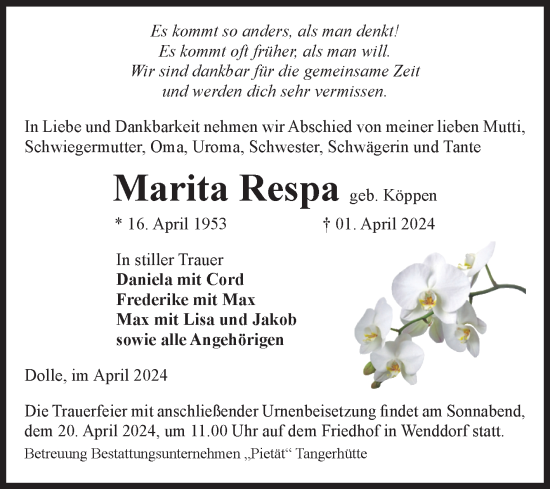 Traueranzeige von Marita Respa von Volksstimme Haldensleben/Wolmirstedt