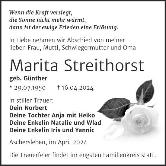 Traueranzeige von Marita Streithorst von Trauerkombi Aschersleben