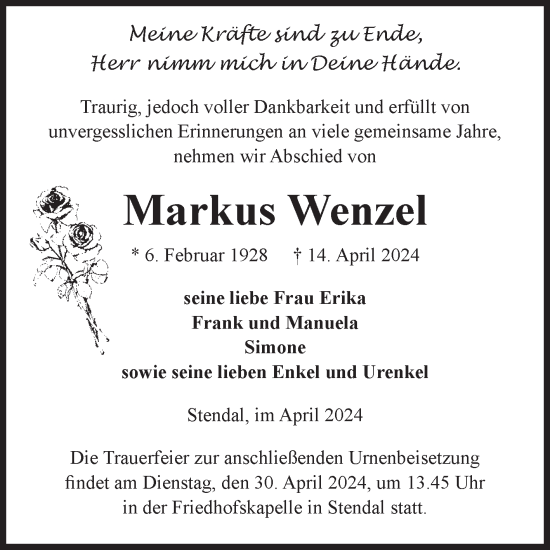 Traueranzeige von Markus Wenzel von Volksstimme Altmark Ost