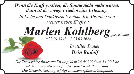 Traueranzeige von Marlen Kohlberg von Trauerkombi Dessau