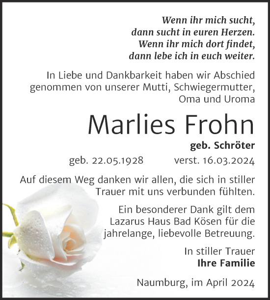 Traueranzeige von Marlies Frohn von Super Sonntag Naumburg/Nebra