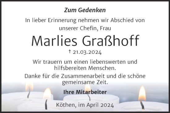 Traueranzeige von Marlies Graßhoff von Trauerkombi Köthen