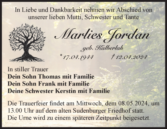 Traueranzeige von Marlies Jordan von Volksstimme Magdeburg