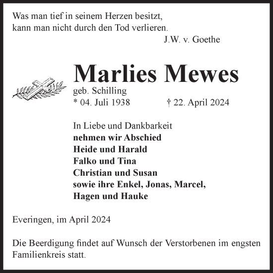 Traueranzeige von Marlies Mewes von Volksstimme Haldensleben/Wolmirstedt