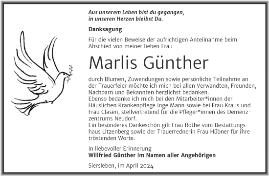 Traueranzeige von Marlis Günther von Trauerkombi Mansfelder Land