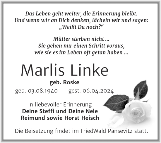 Traueranzeige von Marlis Linke von Trauerkombi Merseburg