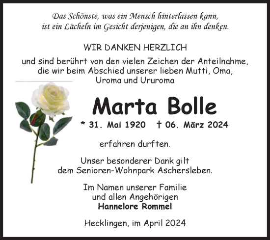 Traueranzeige von Marta Bolle von Volksstimme Staßfurt
