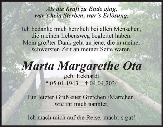 Traueranzeige von Marta Margarethe Ota von Super Sonntag Quedlingburg
