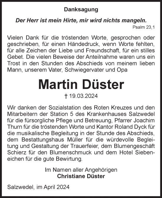 Traueranzeige von Martin Düster von Volksstimme Altmark West