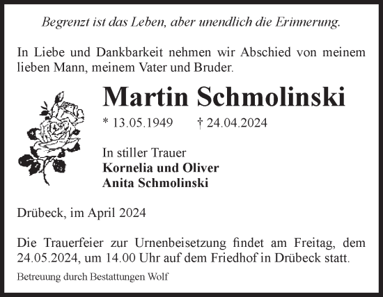 Traueranzeige von Martin Schmolinski von Volksstimme Wernigerode