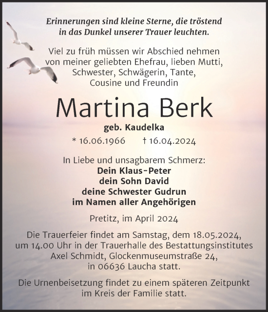 Traueranzeige von Martina Berk von Trauerkombi Merseburg