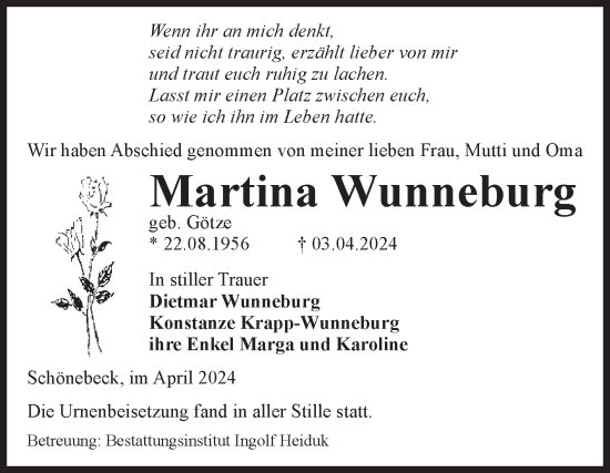 Traueranzeige von Martina Wunneburg von Volksstimme Schönebeck