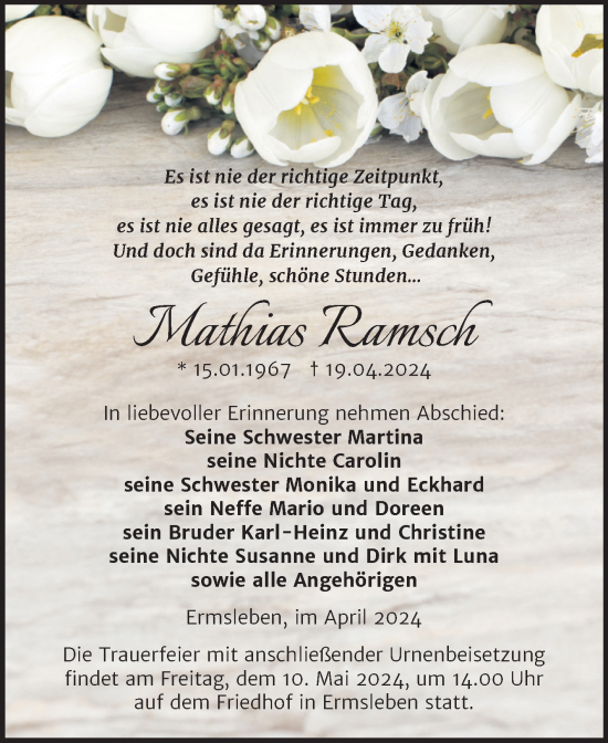 Traueranzeige von Mathias Ramsch von Trauerkombi Quedlinburg