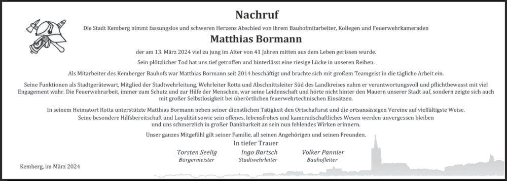  Traueranzeige für Matthias Bormann vom 13.04.2024 aus Super Sonntag Wittenberg