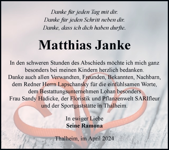 Traueranzeige von Matthias Janke von Trauerkombi Bitterfeld