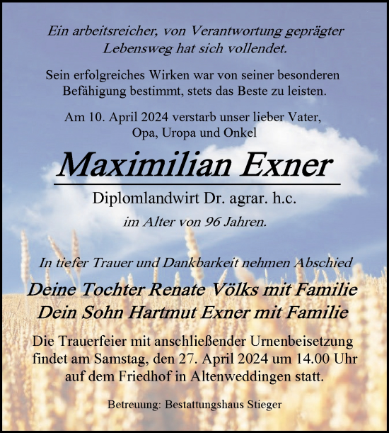 Traueranzeige von Maximilian Exner von Volksstimme Oschersleben/Wanzleben
