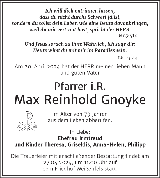 Traueranzeige von Max Reinhold Gnoyke von Trauerkombi Weißenfels