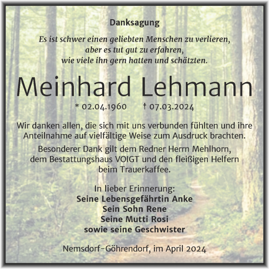Traueranzeige von Meinhard Lehmann von Trauerkombi Merseburg