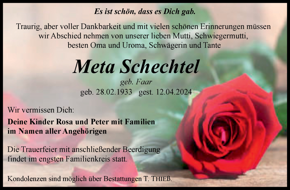  Traueranzeige für Meta Schechtel vom 19.04.2024 aus Trauerkombi Quedlinburg
