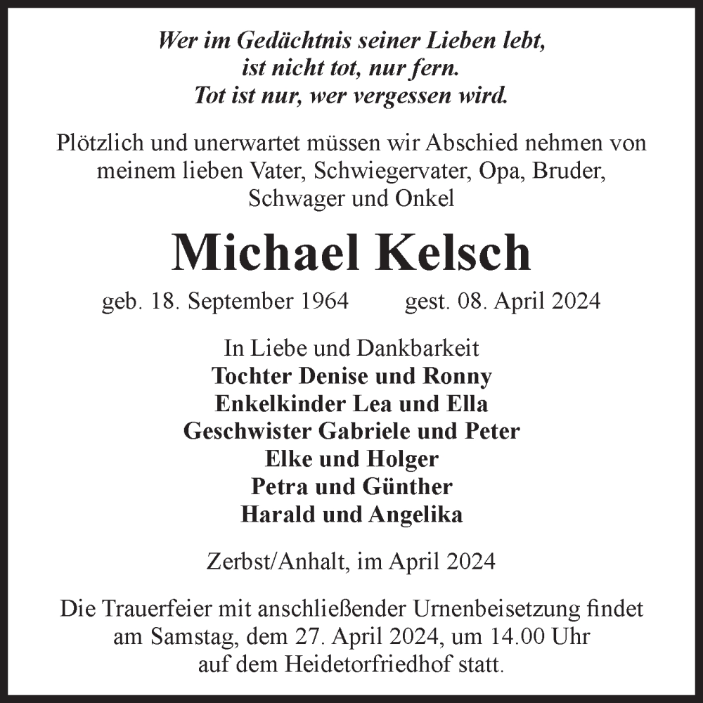  Traueranzeige für Michael Kelsch vom 13.04.2024 aus Volksstimme Zerbst