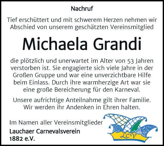 Traueranzeige von Michaela Grandi von Super Sonntag Naumburg/Nebra