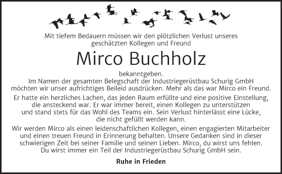 Traueranzeige von Mirco Buchholz von Super Sonntag Bernburg