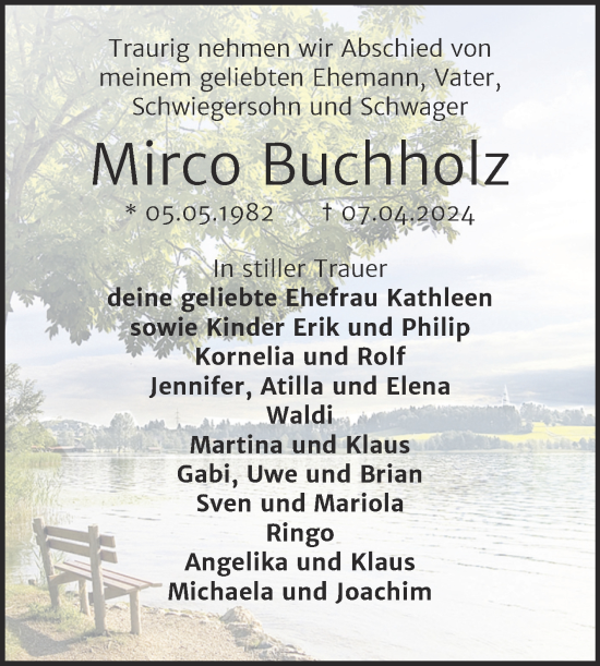 Traueranzeige von Mirco Buchholz von Trauerkombi Bernburg