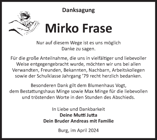 Traueranzeige von Mirko Frase von Volksstimme Burg/Genthin